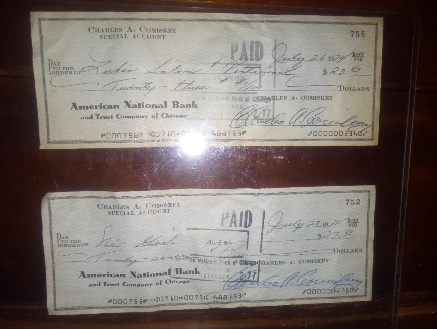 Charles A. Comiskey signed checks July 6 1956 & 1974 - photo 3