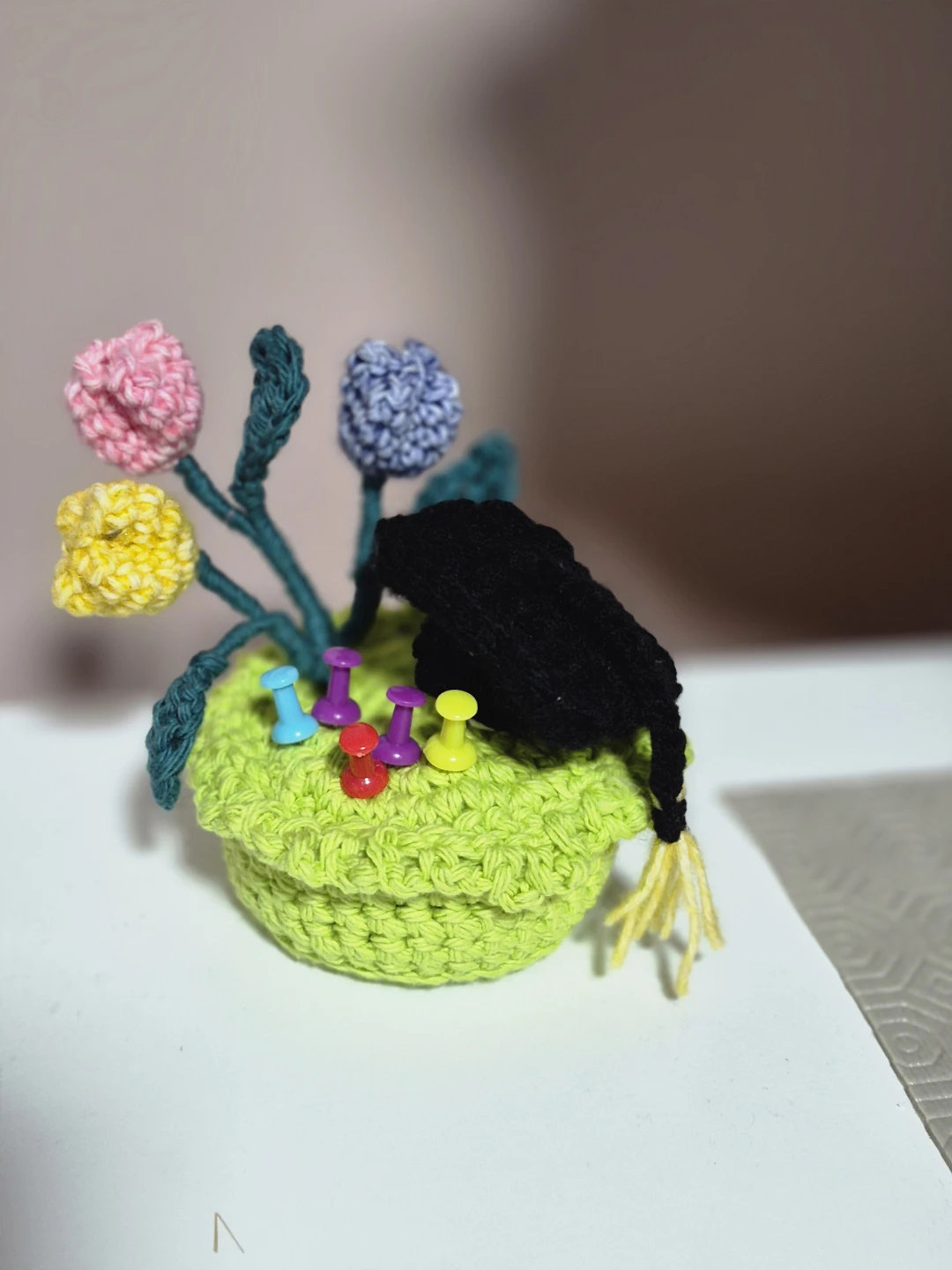 Crocheted Flower Pot with Graduation Cap & Pushpins