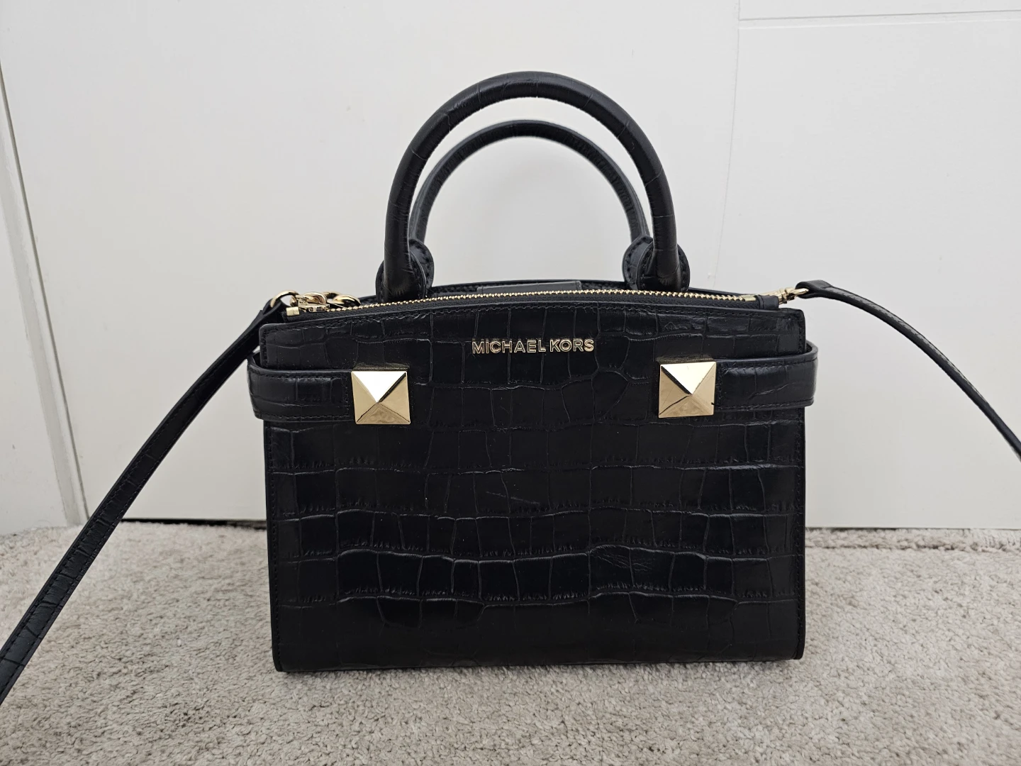 Authentic Michael Kors Black Croc Embossed Leather Handbag