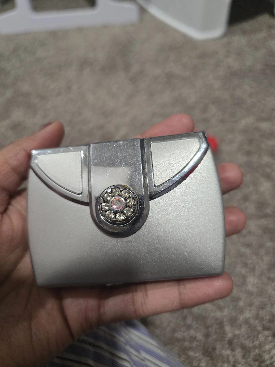 Silver Compact Mirror with Rhinestone Clasp