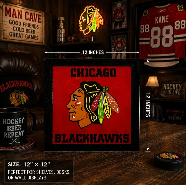 Chicago Blackhawks 12"×12" Pyrography and Painted Wall Art