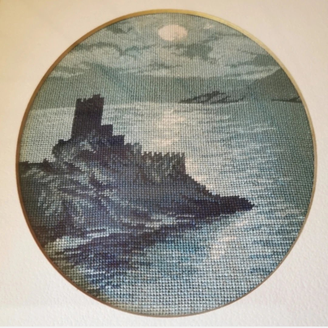 Vintage Framed Needlepoint Coastal Castle Seascape Wall Art - photo 3