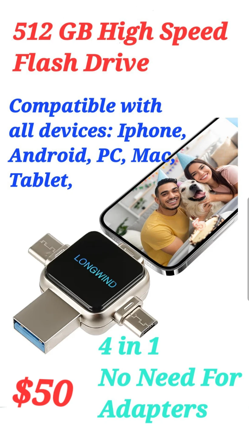 512GB High Speed Flash Drive. 4 in 1 No Adapter Needed.