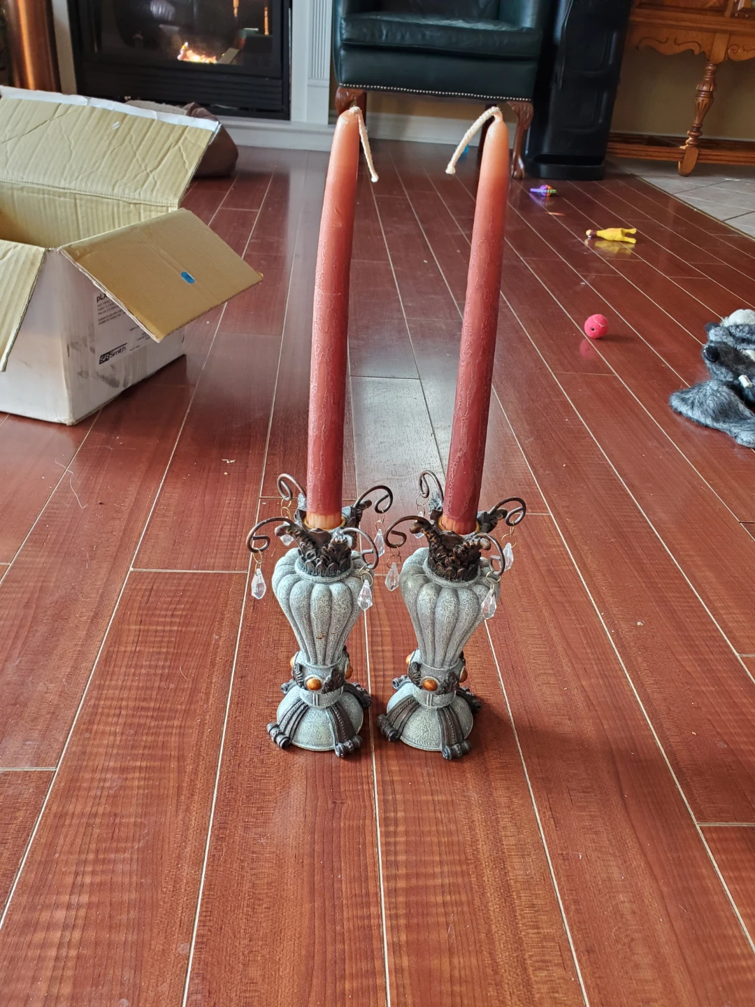 Pair of Ornate Candle Holders with Red Candles