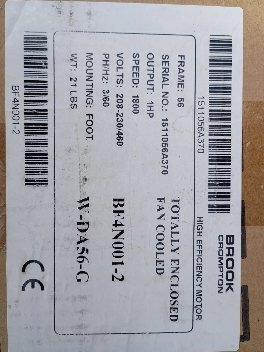 Brook Crompton High Efficiency Motor BF4N001-2 1HP