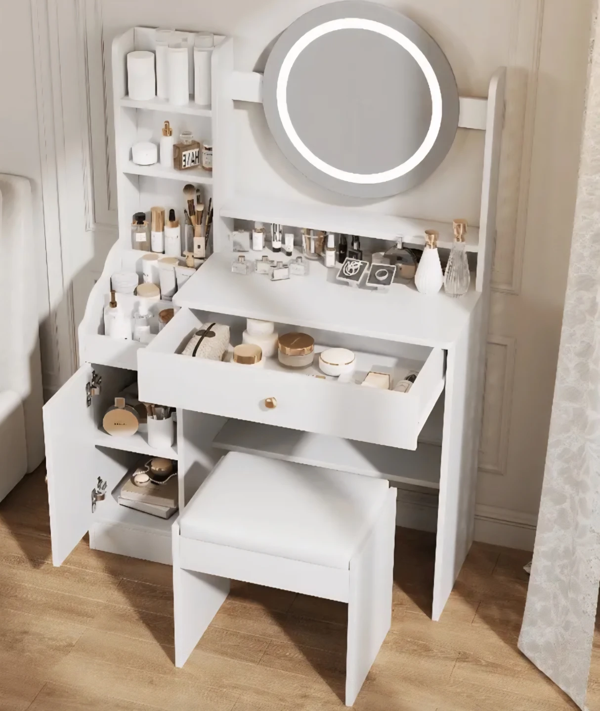 White Vanity Table with Lighted Mirror and Stool