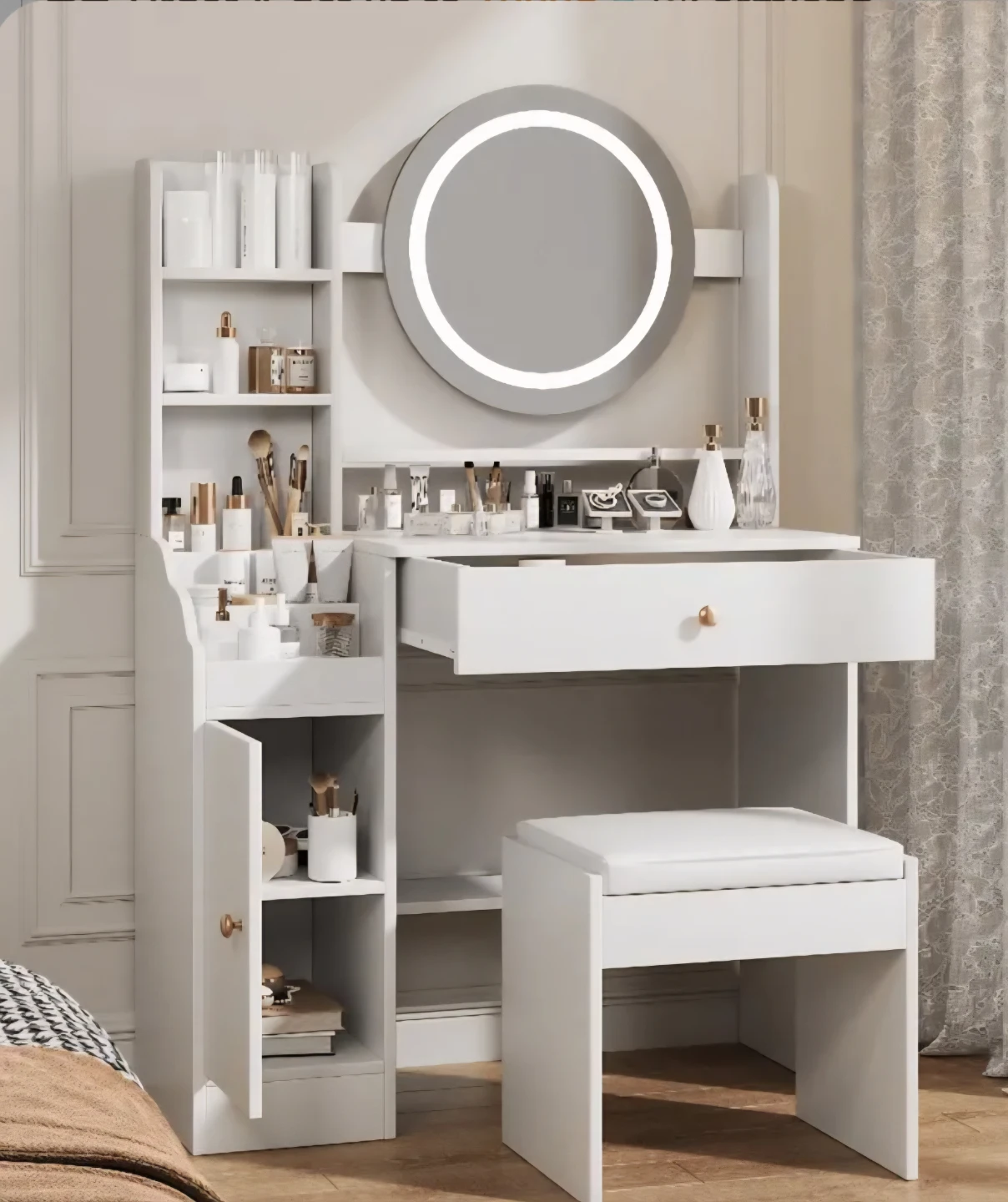 White Vanity Table with Lighted Mirror and Stool - photo 2