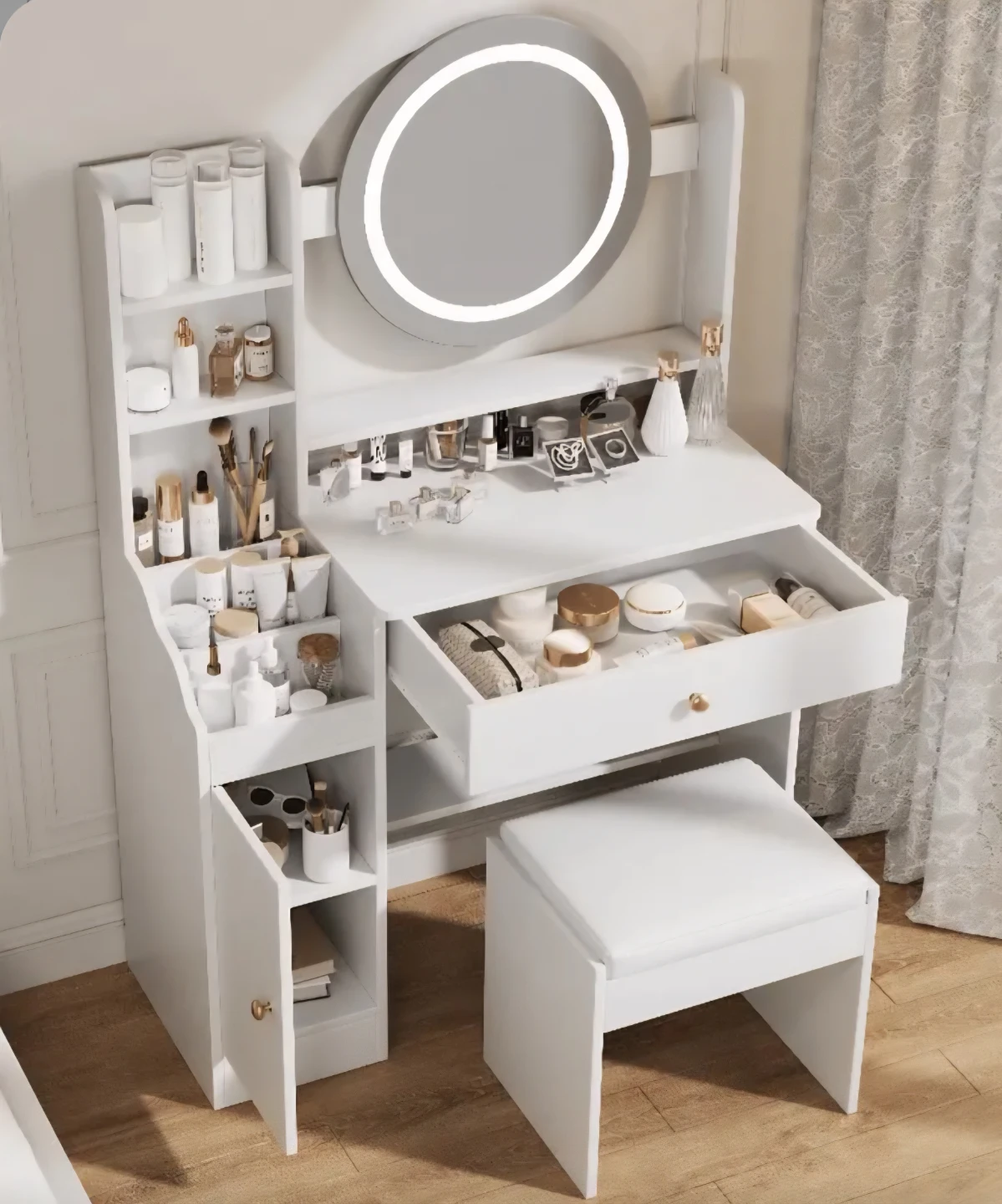 White Vanity Table with Lighted Mirror and Stool - photo 3