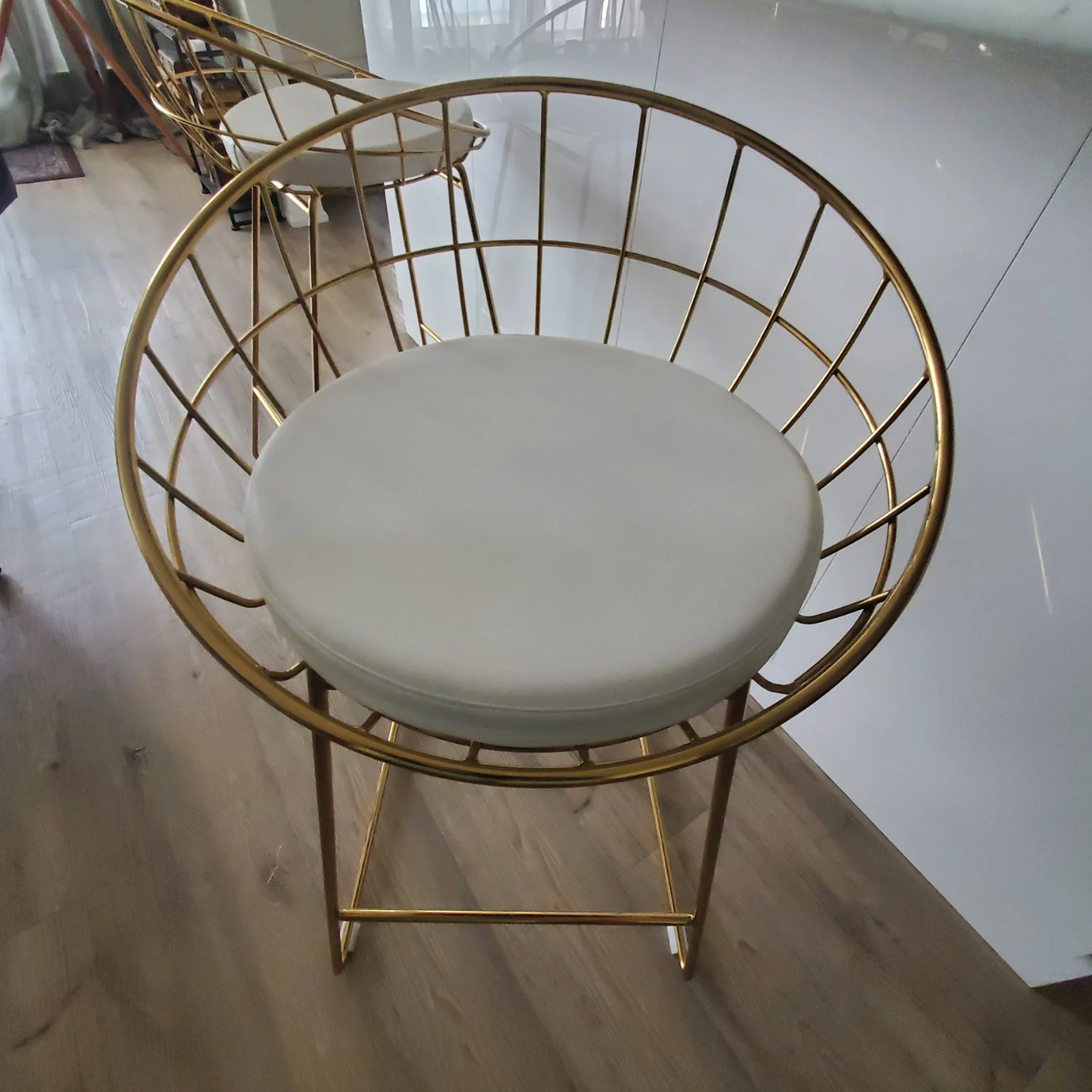 2 Gold Wire Bar Stools with White Seats
