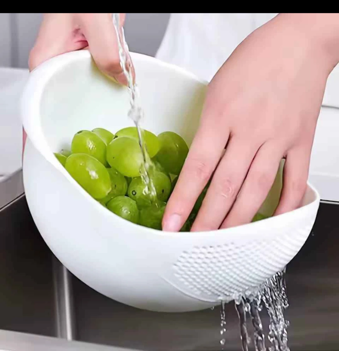 2 White Rice Washing Bowls with Strainer