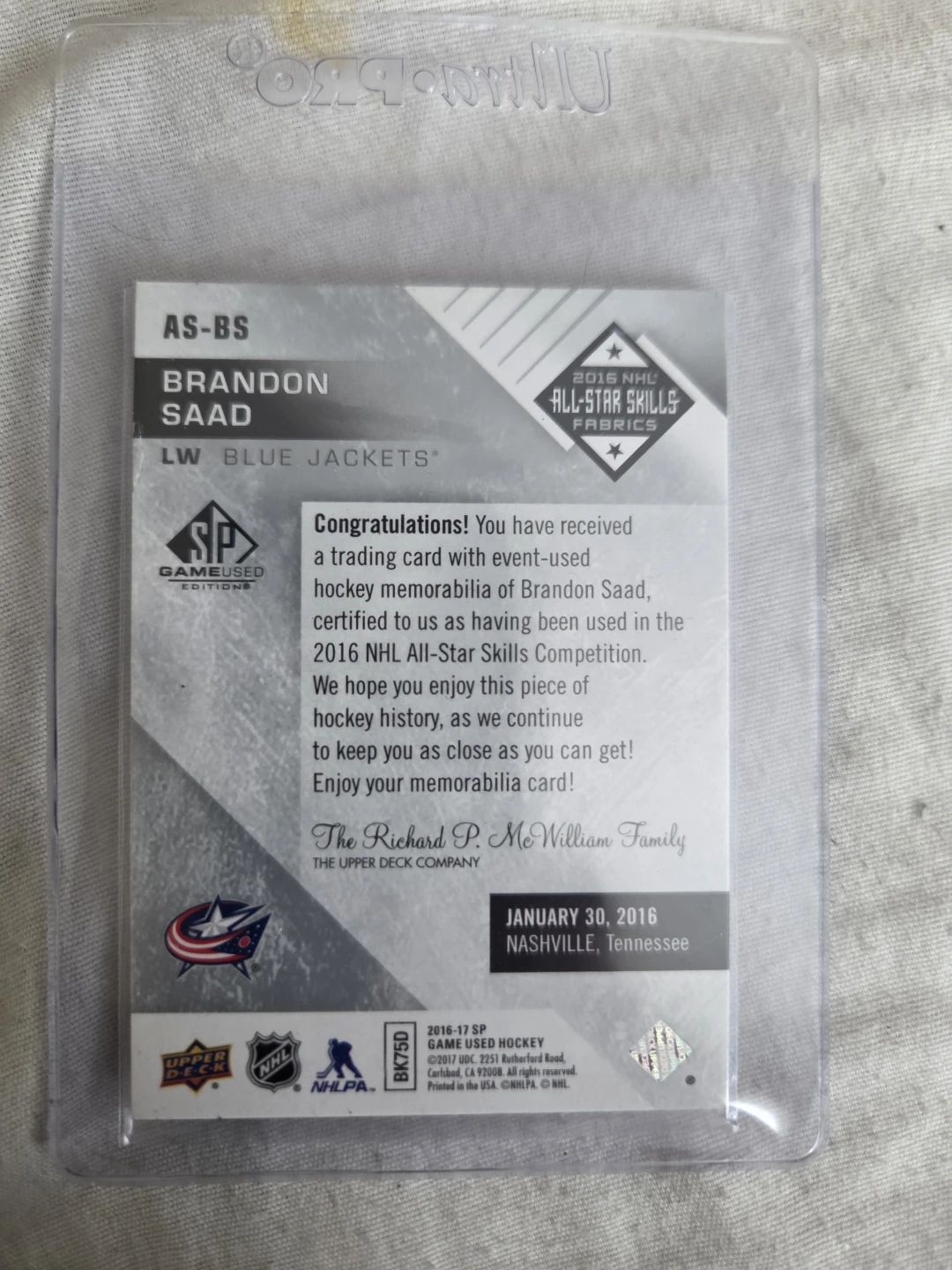 Brandon Saad 2016 NHL All-Star Skills Fabric Card - photo 2