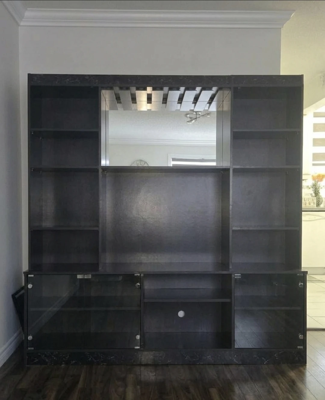 Dark Entertainment Unit with Shelving and Cabinets
