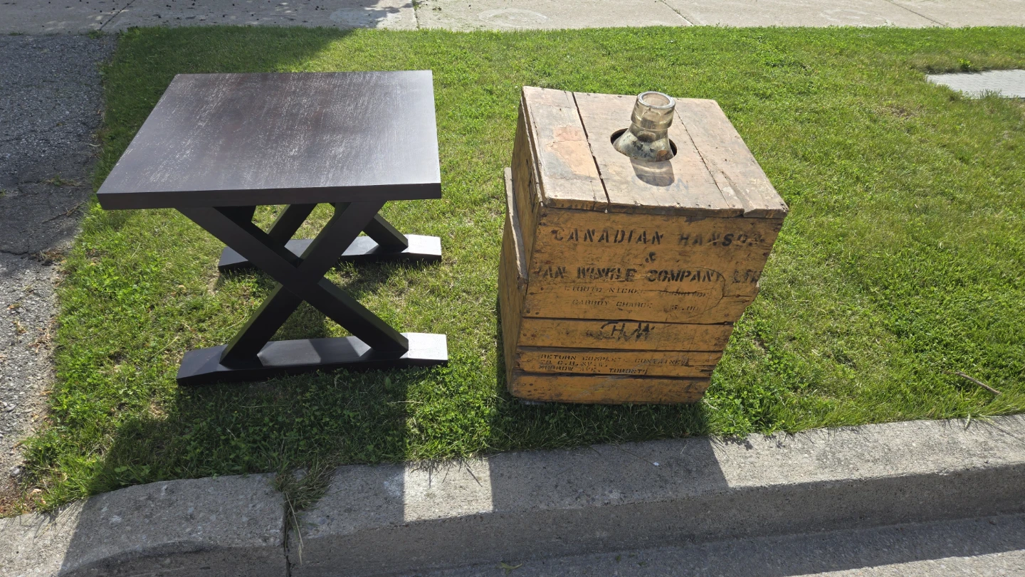 Dark Brown X-Leg Accent Table and antique demojan
