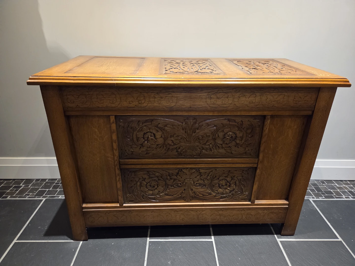 Antique Oak Chest with Carvings