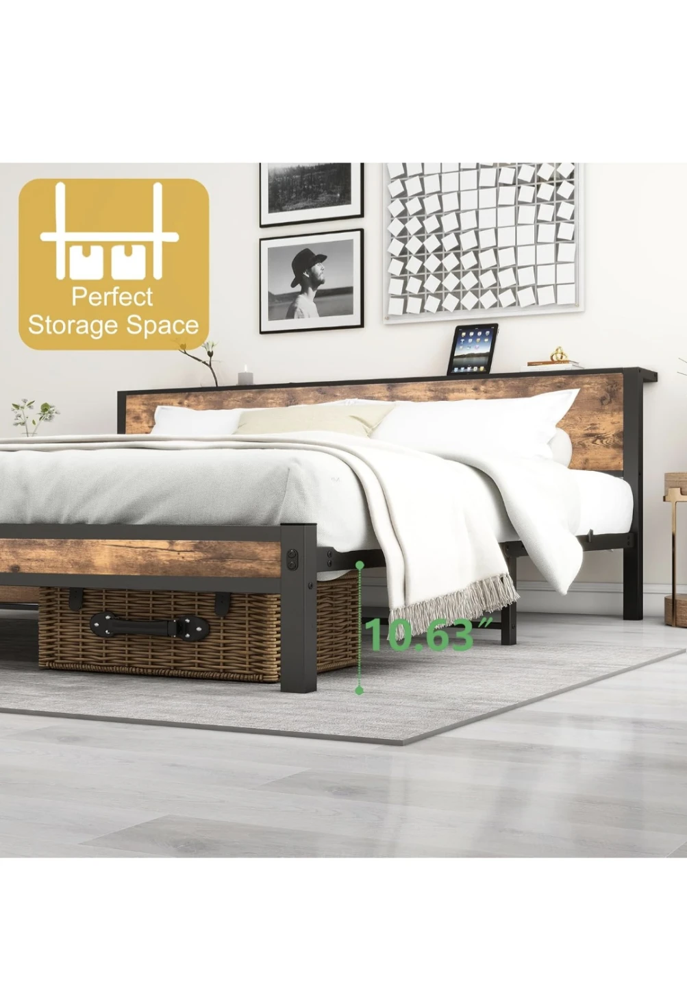 Industrial Style king size Bed Frame with Headboard