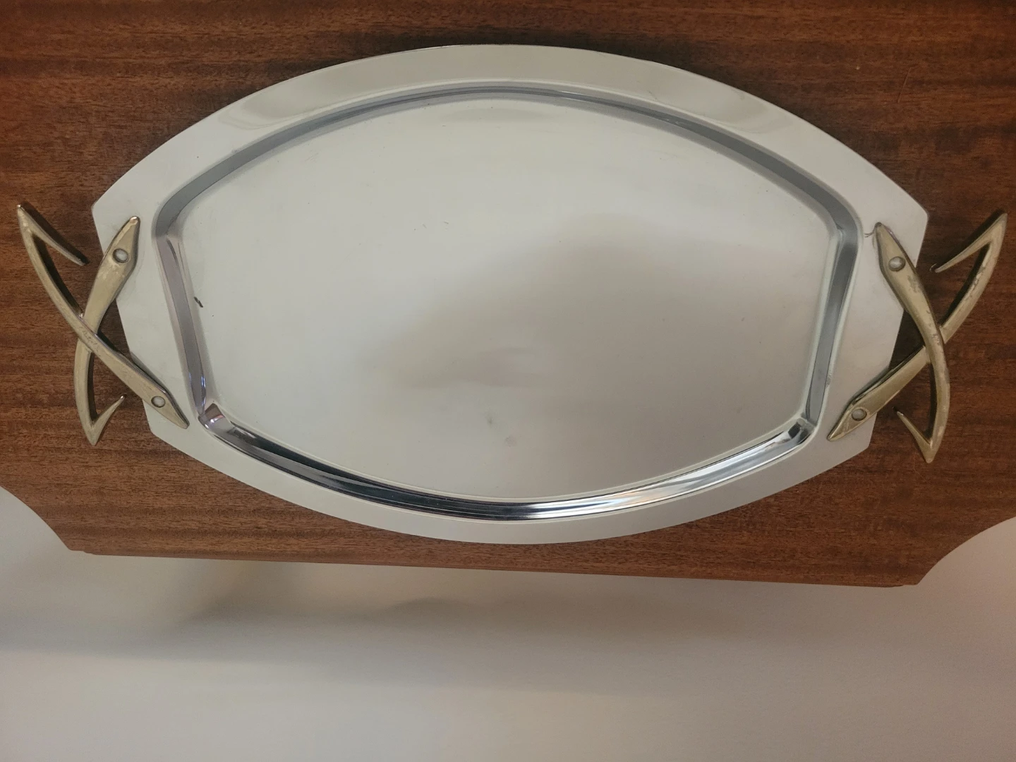Serving Tray with Wooden Base and Metal Handles