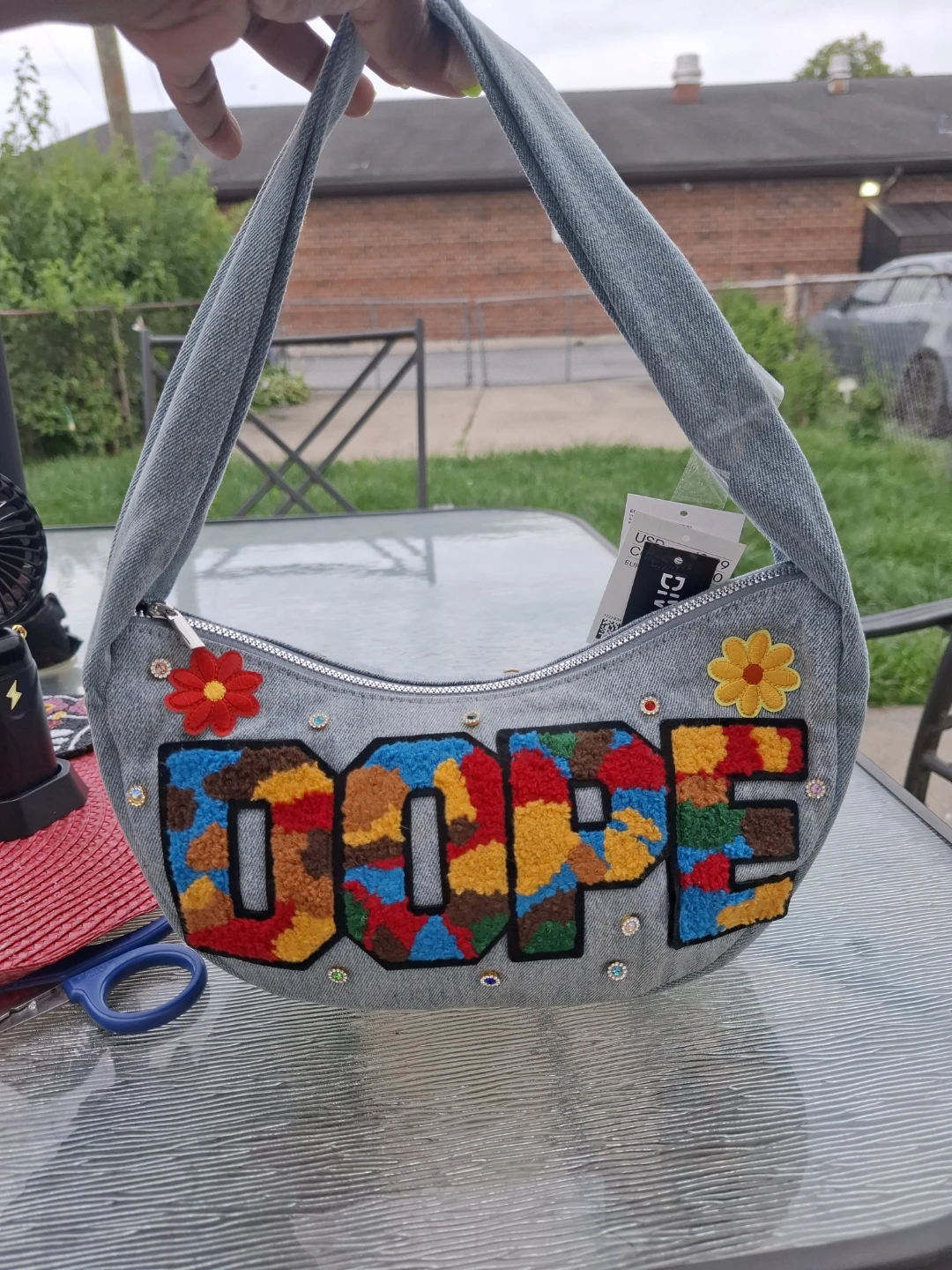 Denim "DOPE" Shoulder Bag with Embellishments