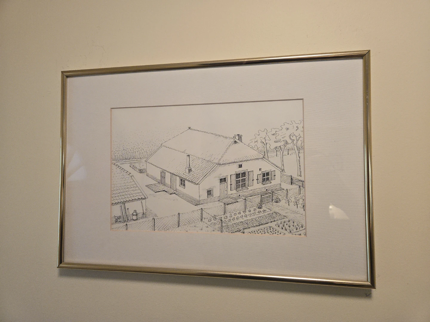 Framed Pen and Ink Drawing of a Farmhouse