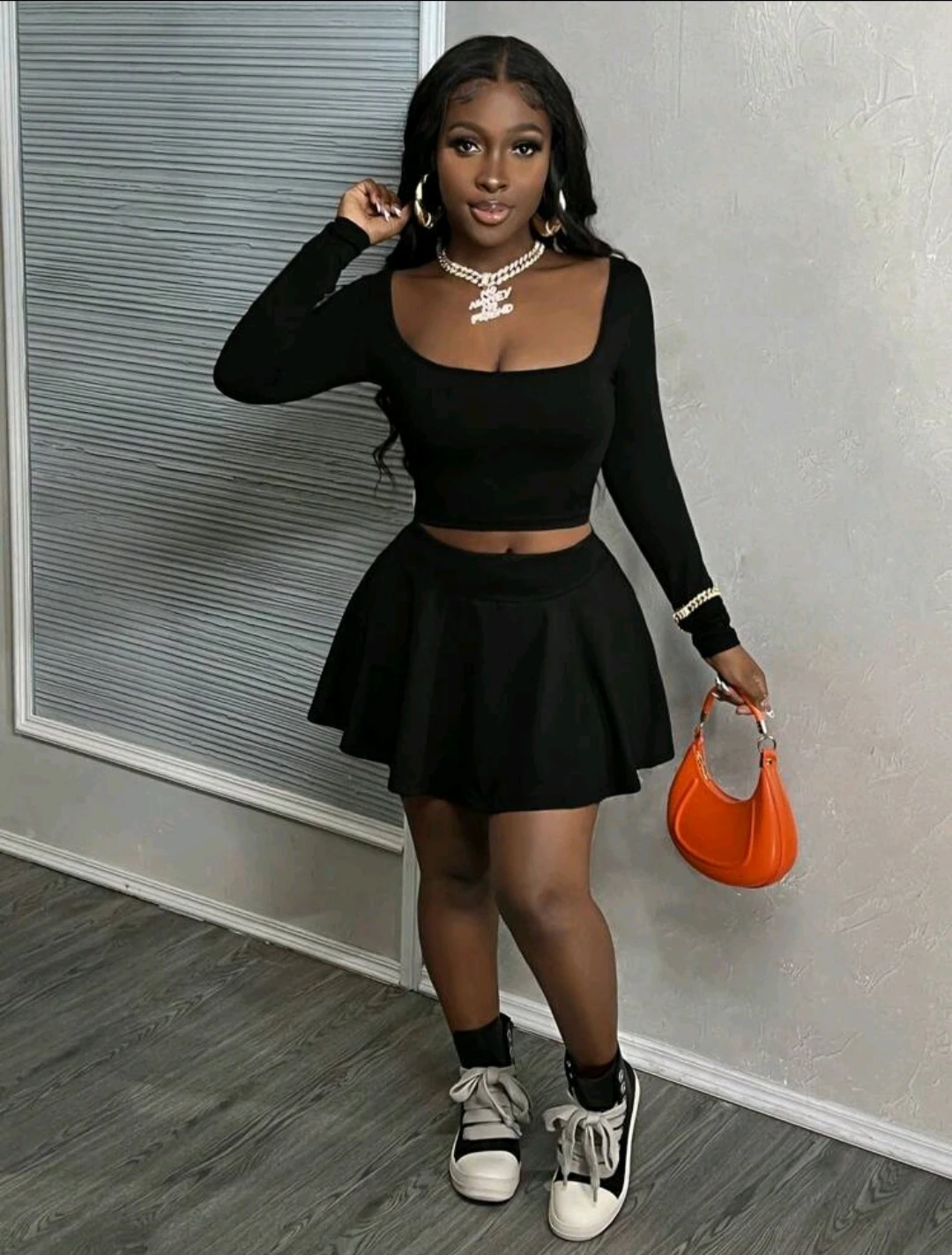 Women's Black Long Sleeve Crop Top & Skirt Set