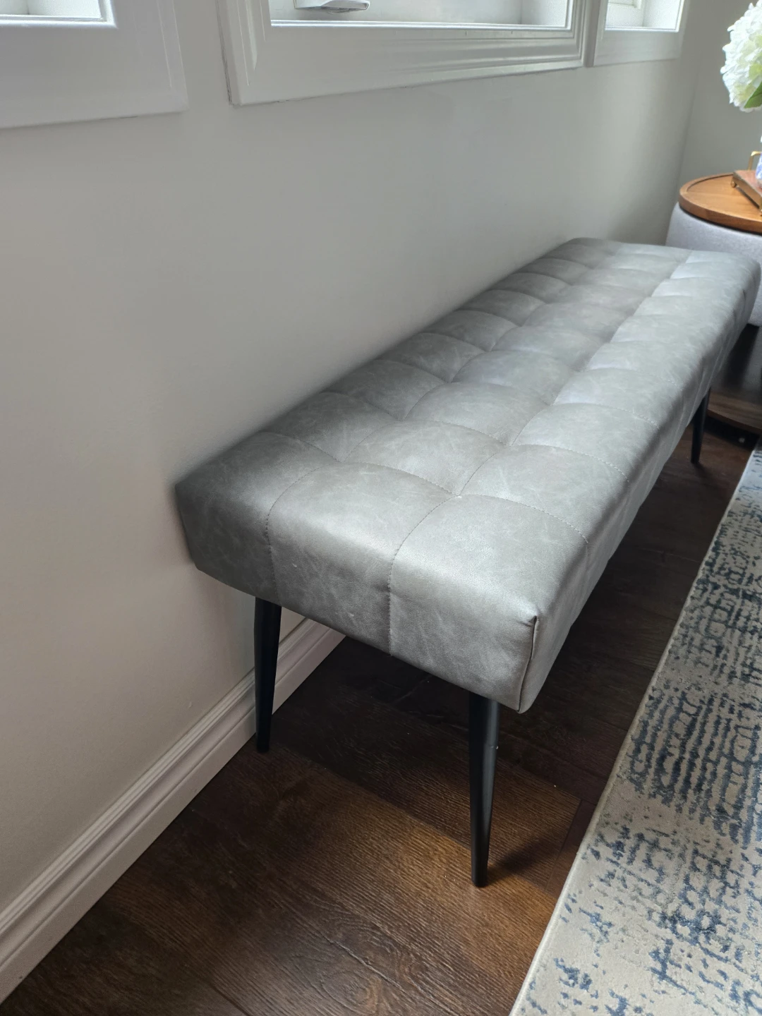 Tufted Faux Leather Bench - Grey - photo 2