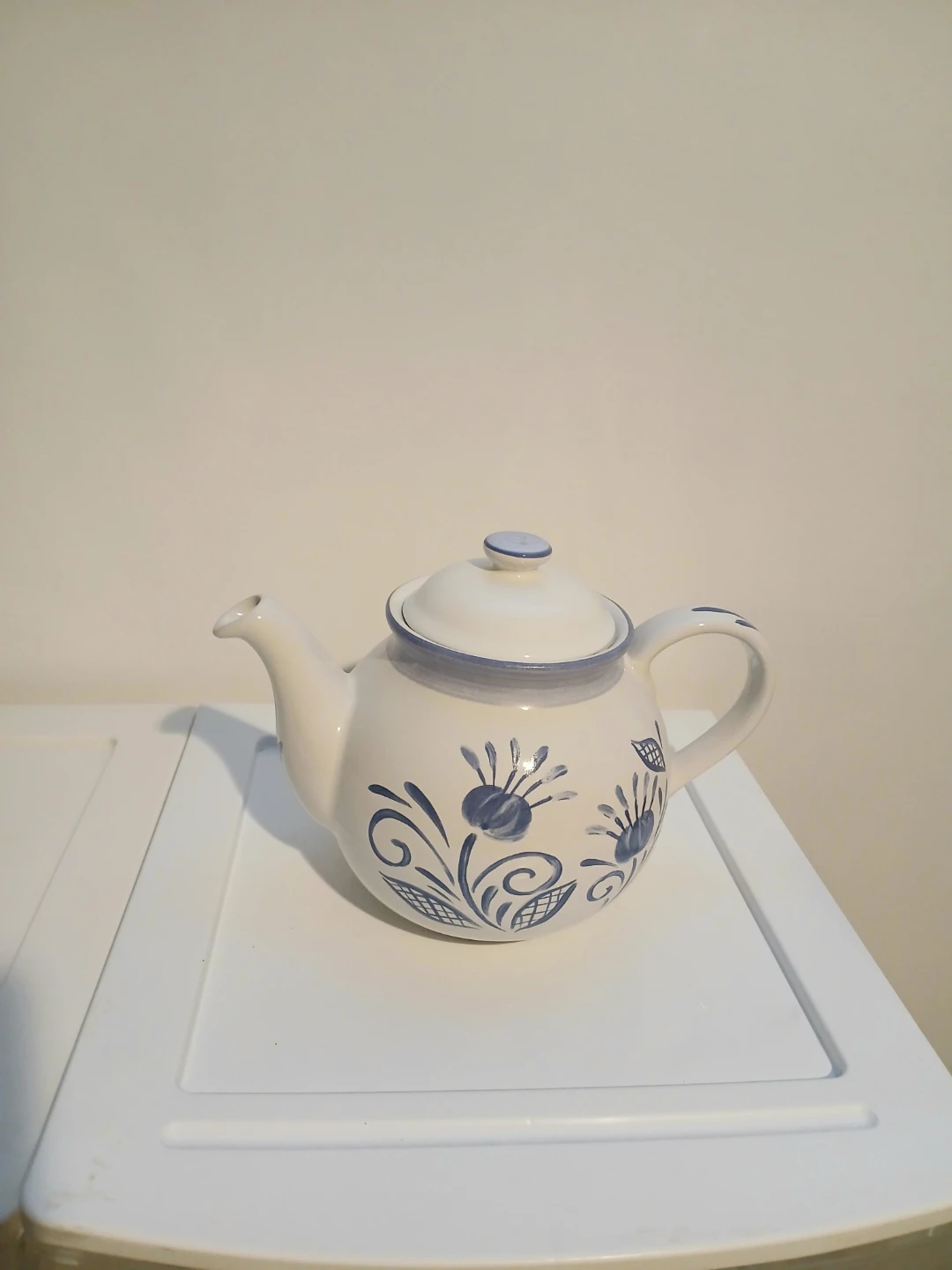 White Ceramic Corelle Teapot with Blue Floral Design