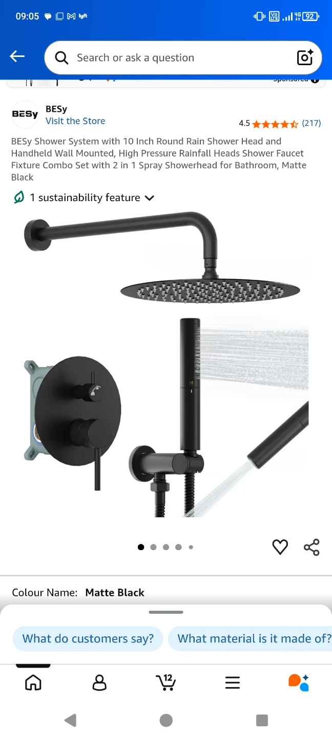 BESy 10 Inch Matte Black Shower System with Rain Shower Head