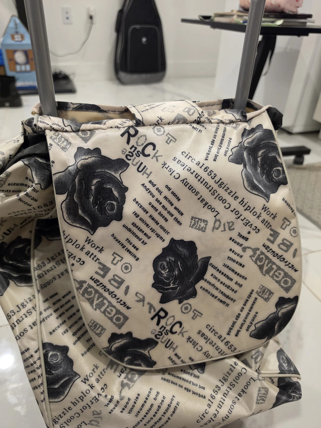 Move out sale - Rolling Shopping Bag with Rose and Text Print