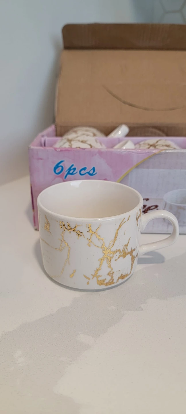 Set of 6 Marble Pattern Mugs with Gold Accents