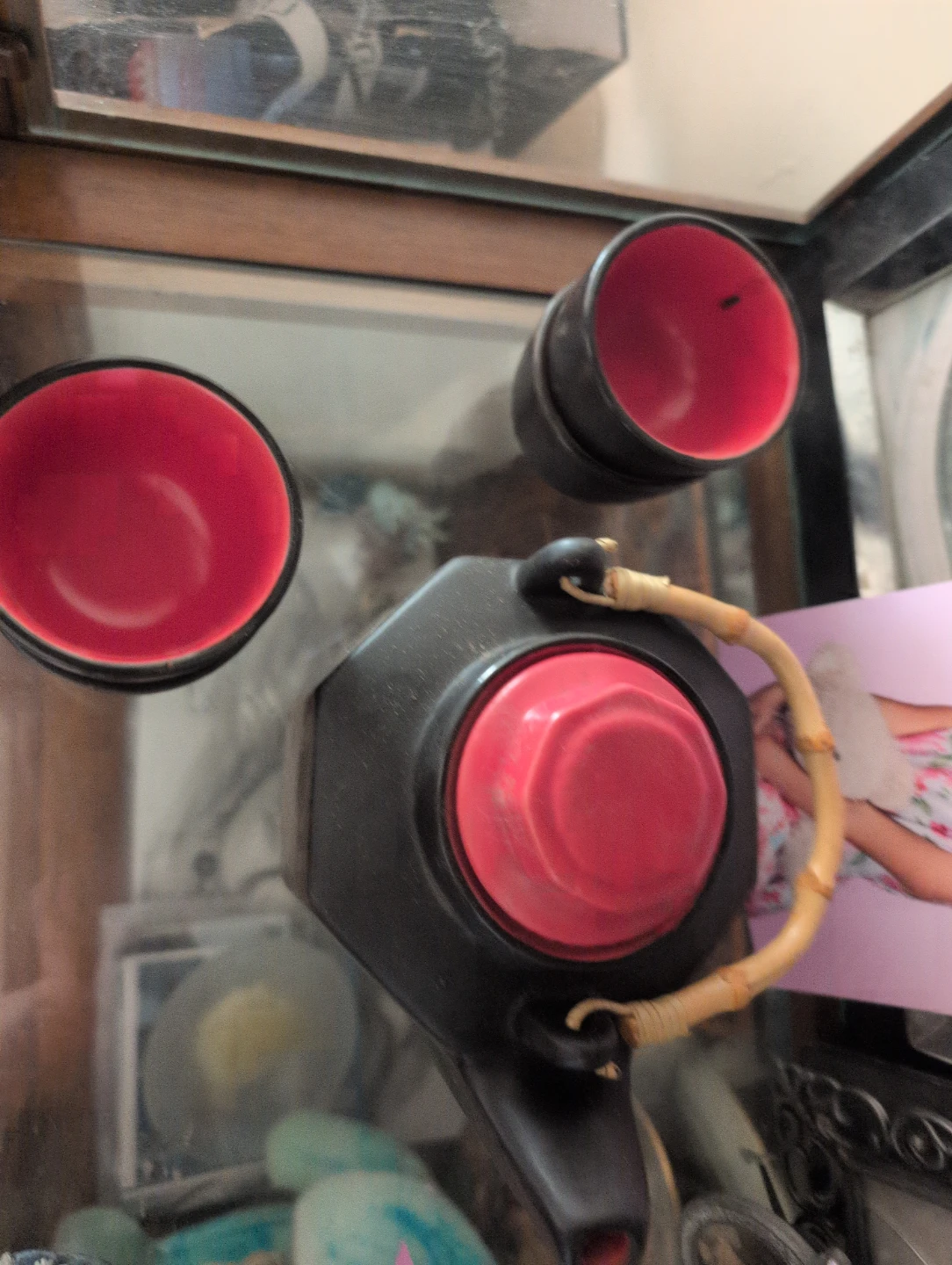 Vintage Black and Red Sake Cups with Holder