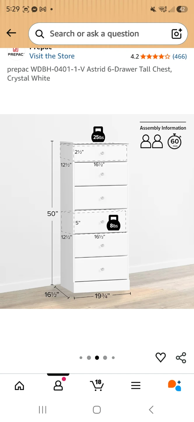 Prepac Astrid 6-Drawer Tall Chest, Crystal White - photo 4