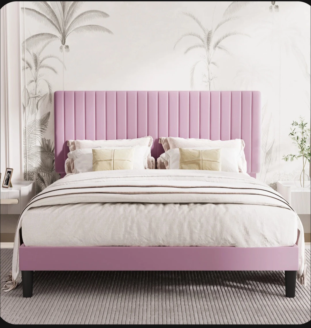 Pink Velvet Channel Tufted Bed Frame