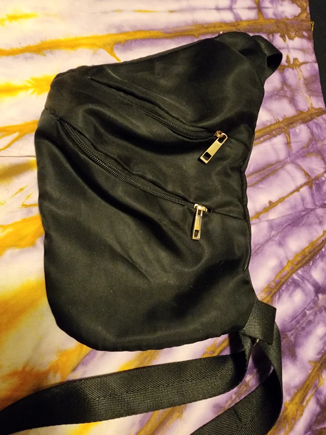 Black Sling Bag with Gold Zippers