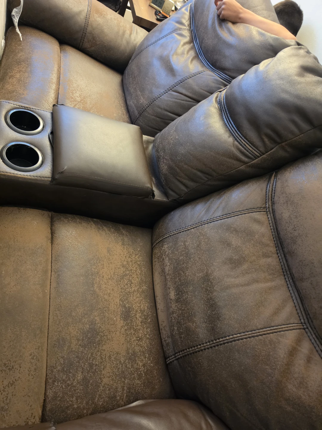 Brown Faux Leather Reclining Loveseat with Cup Holders - photo 4