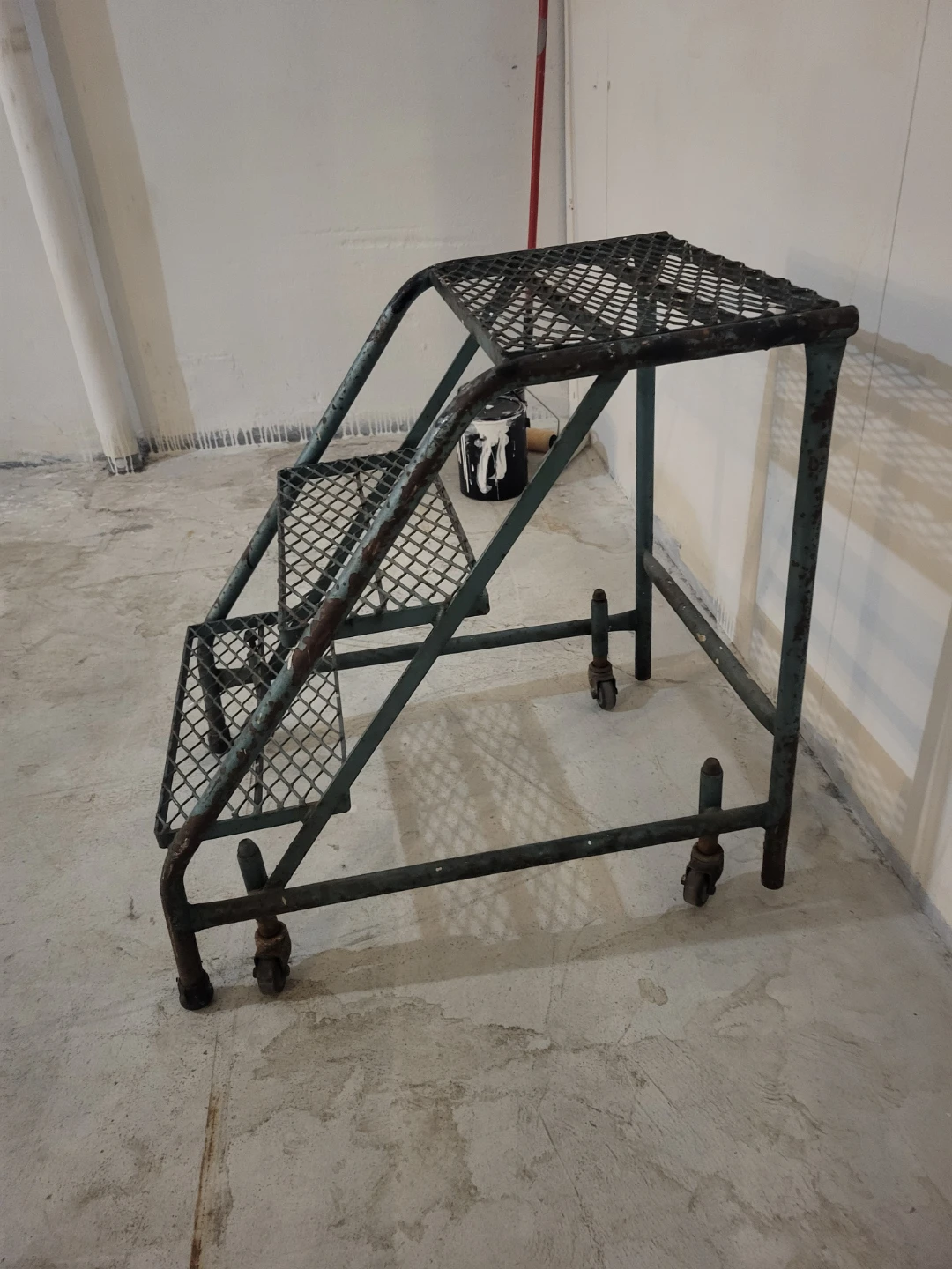 Vintage Metal Step Stool Utility Ladder on wheels