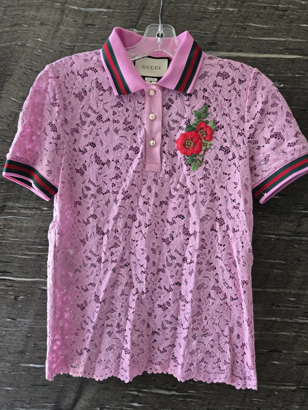 Pink Lace Gucci Polo Shirt with Floral Embroidery