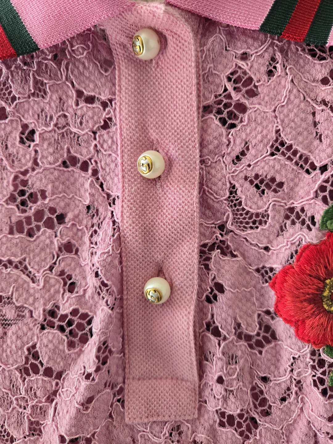 Pink Lace Gucci Polo Shirt with Floral Embroidery - photo 4