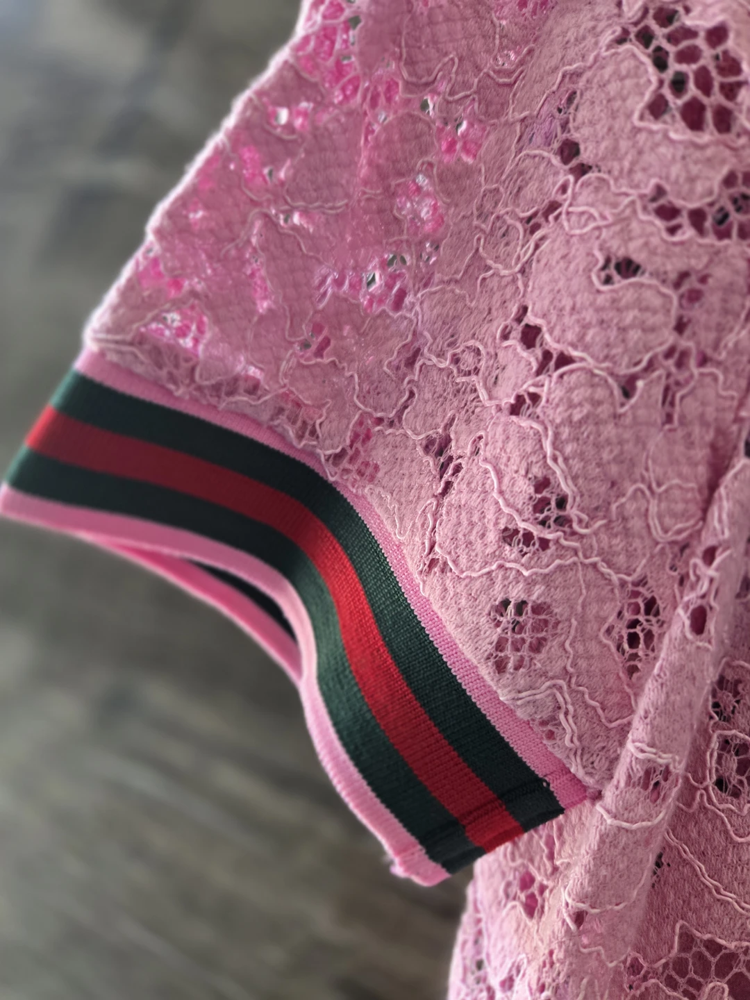 Pink Lace Gucci Polo Shirt with Floral Embroidery - photo 5