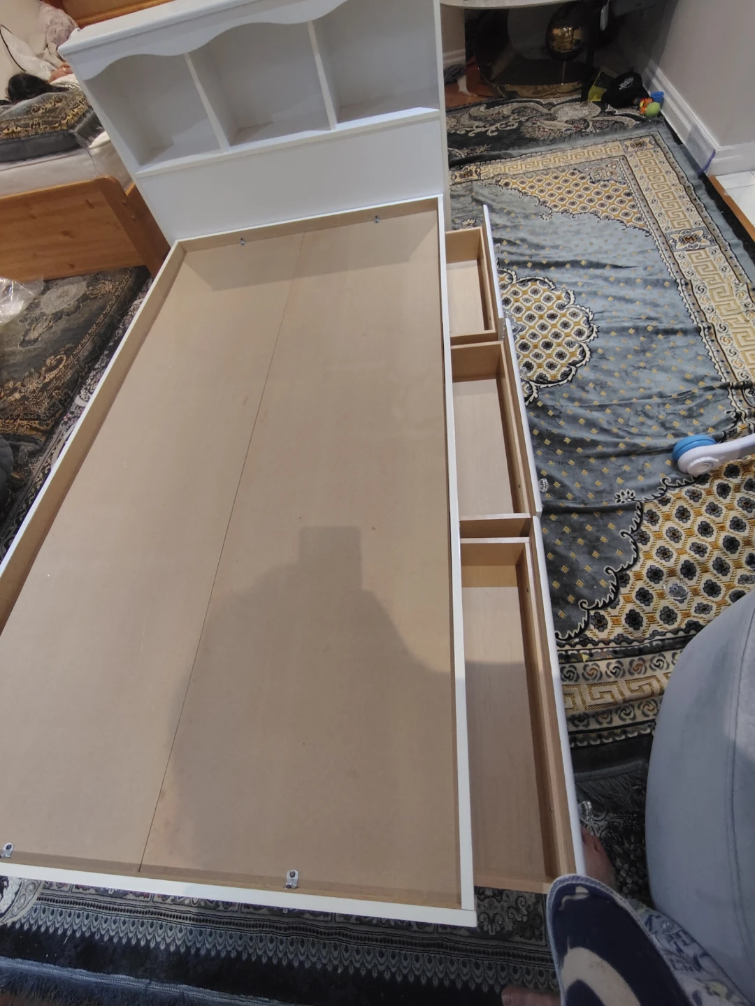 White Twin Bed Frame with Drawers and Bookcase Headboard