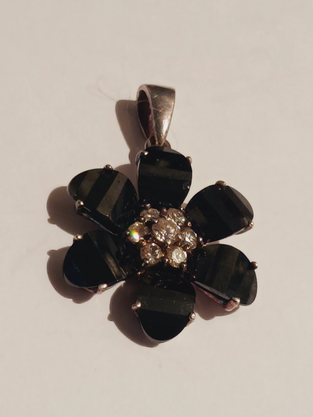 Sterling Silver 925 Flower Pendant wi/ Black Stones & Crystals - photo 2