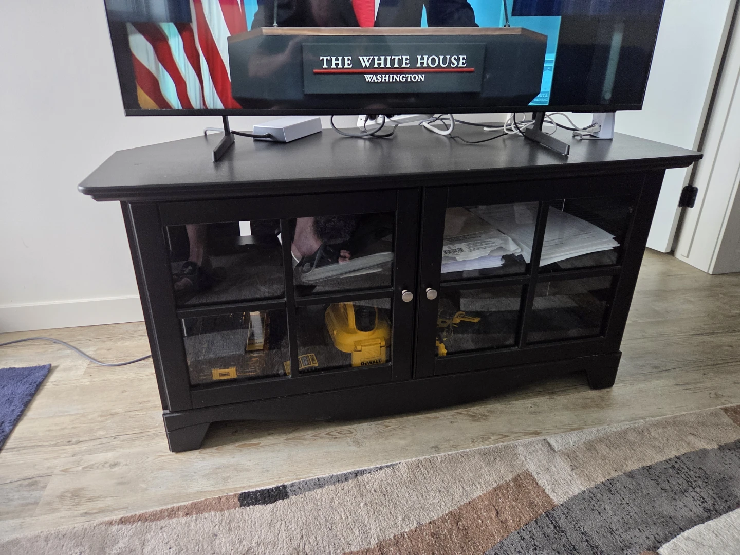 Black Corner TV Stand with Glass Doors