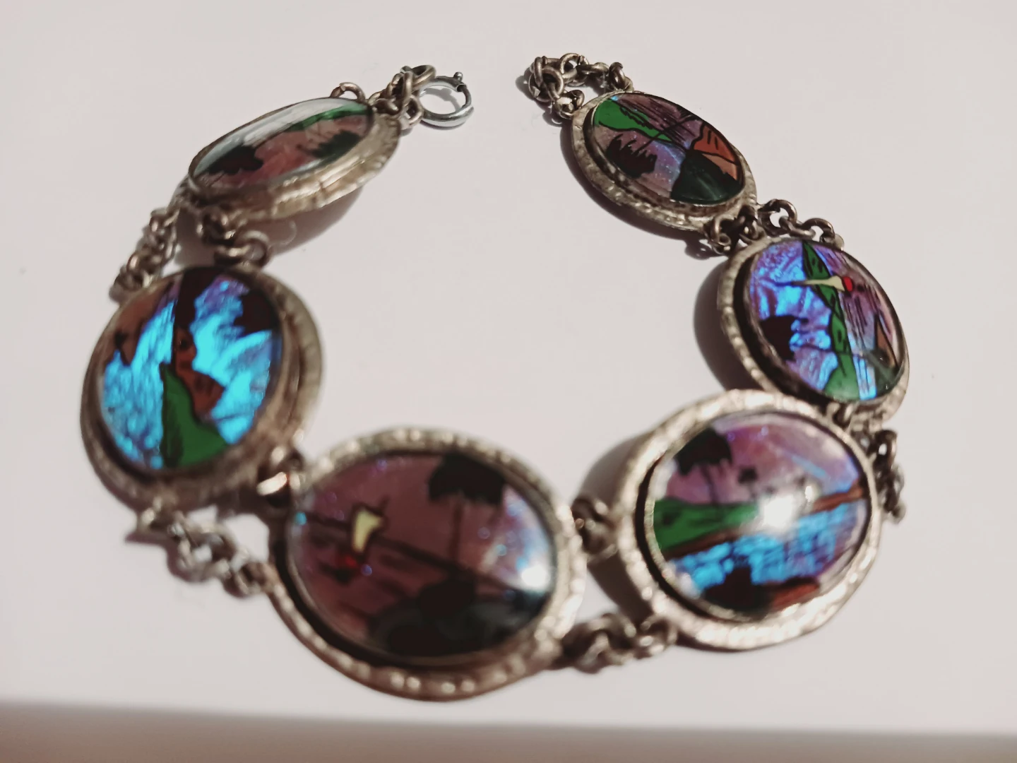 1930s Morpho Butterfly Wing Reverse Glass Painted Bracelet - photo 4