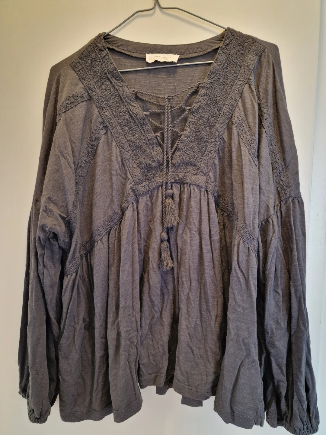 Lucky Brand Grey Embroidered Tunic Top