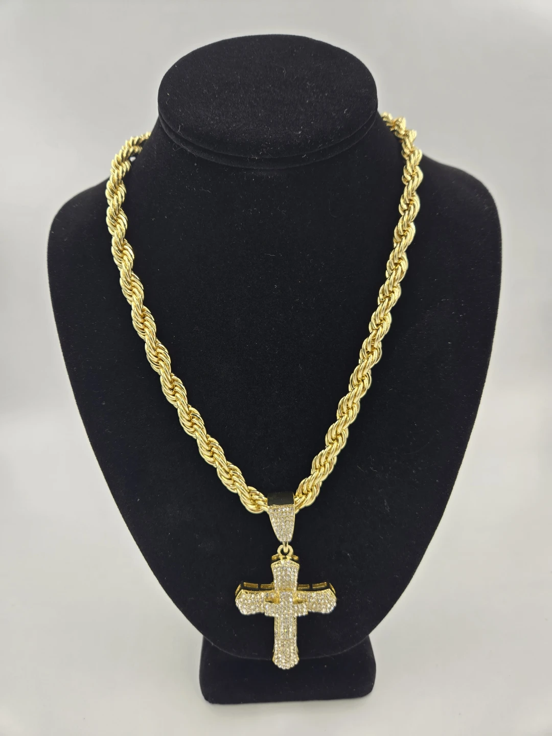 Gold plated Rope Chain Necklace with Diamond Cross Pendant