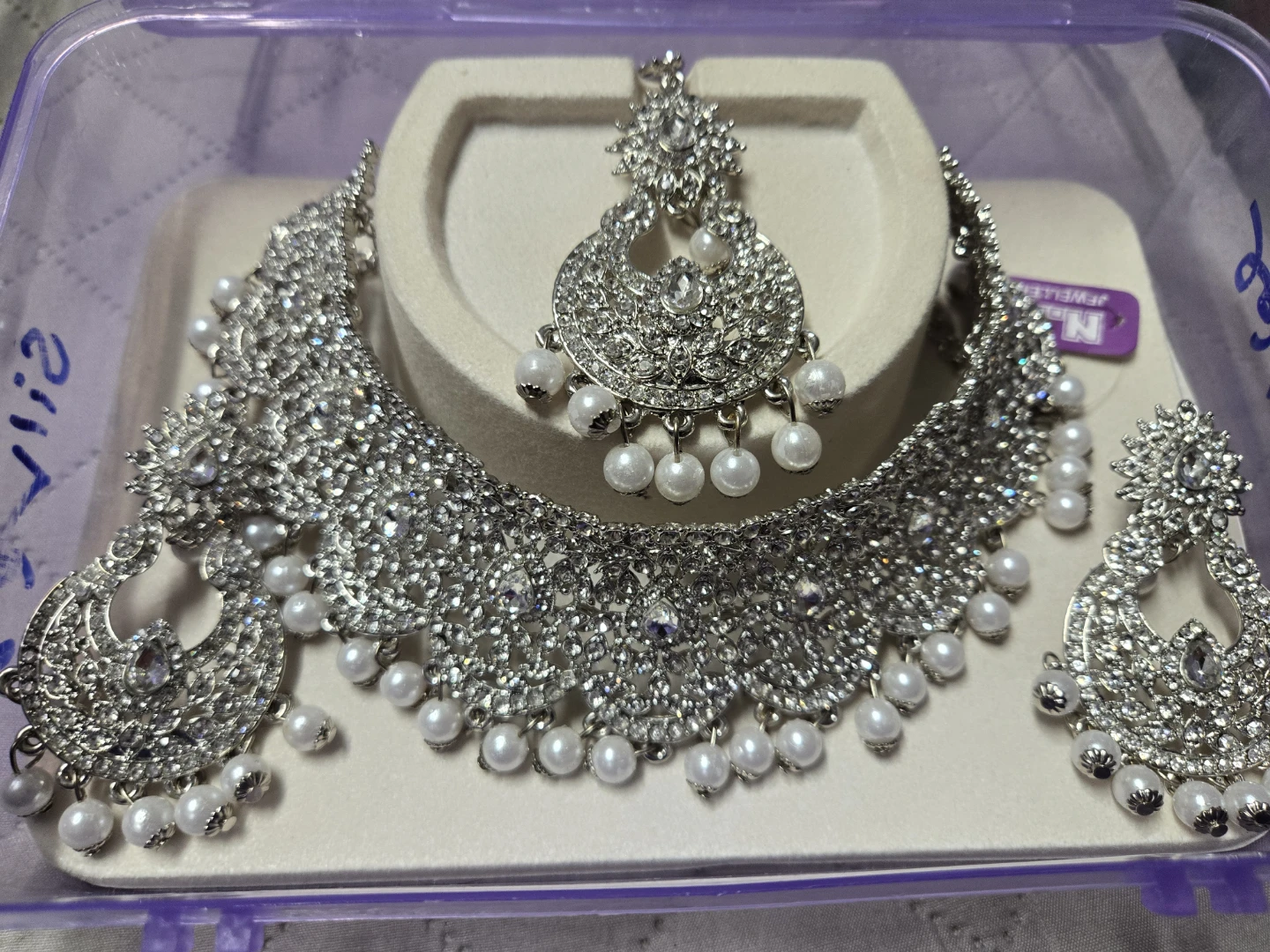 Silver Rhinestone & Pearl Necklace Set with Earrings & Tikka