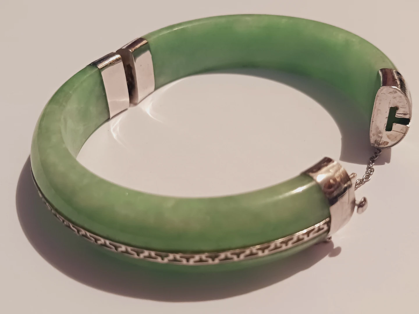 Sterling Silver 925 Genuine Jade Hinged Bracelet - photo 5