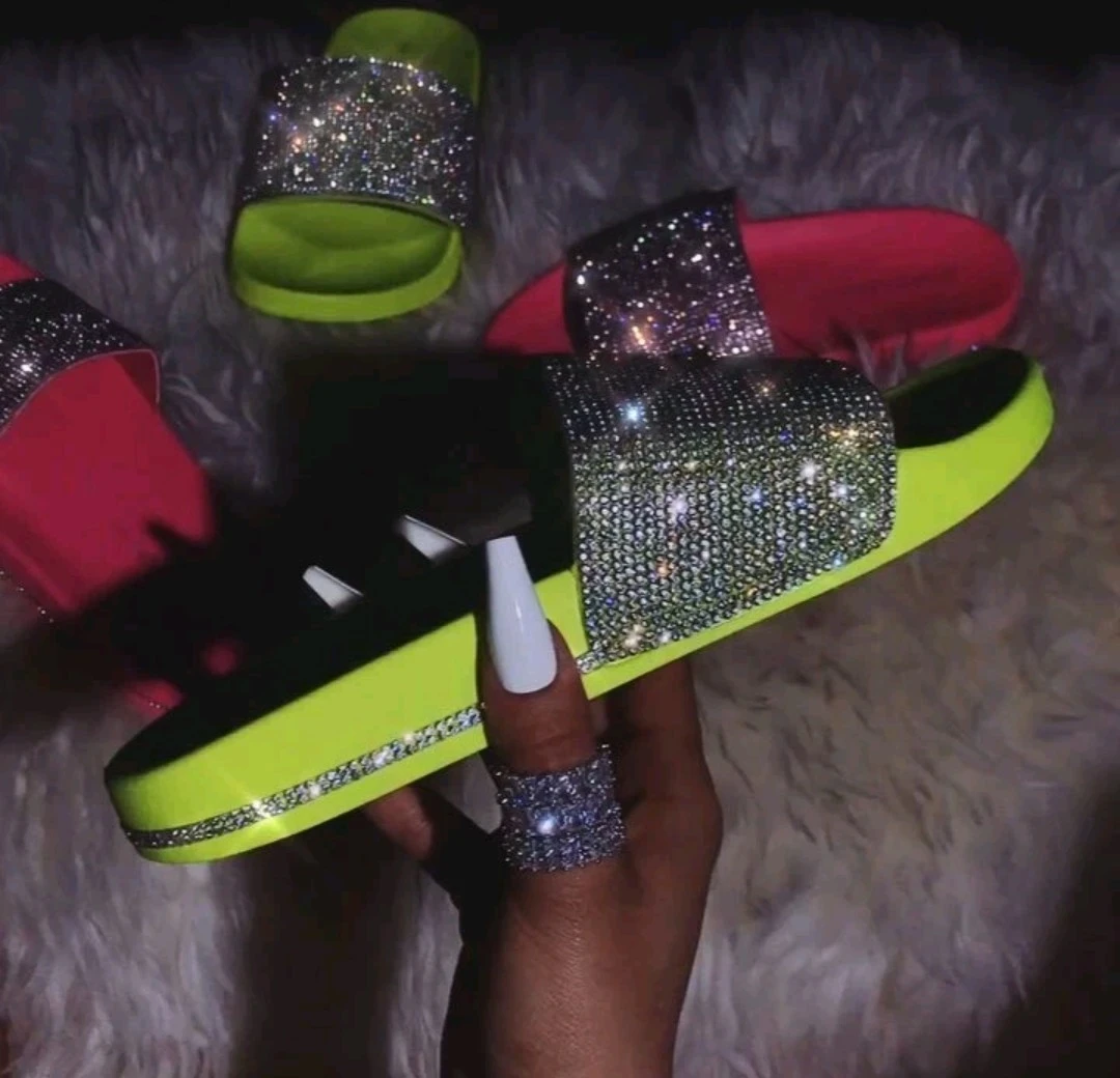 Rhinestone Slides Sandals - Pink, green - photo 2
