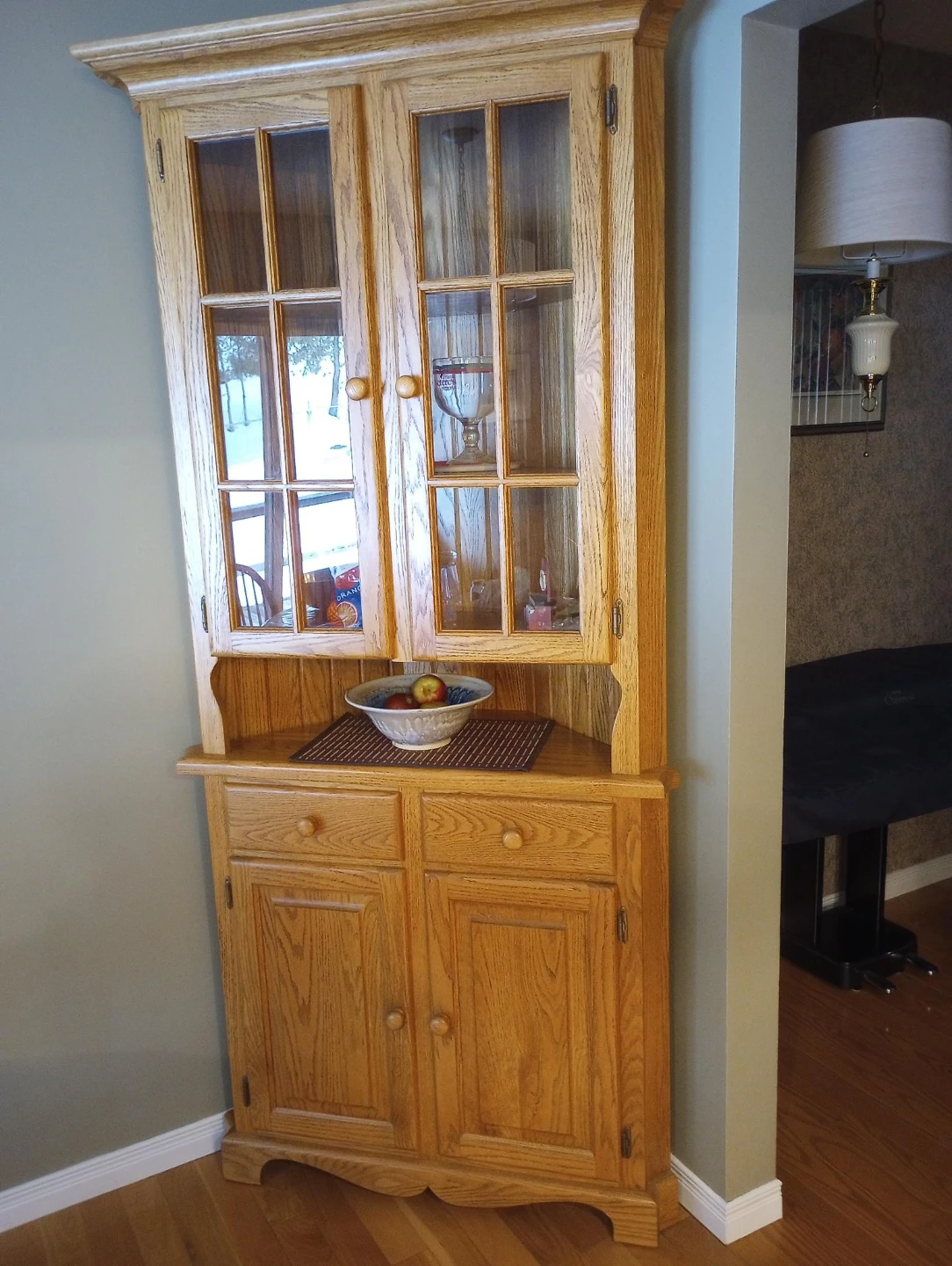 Wooden Corner China Cabinet , Solid Oak, Country Charm