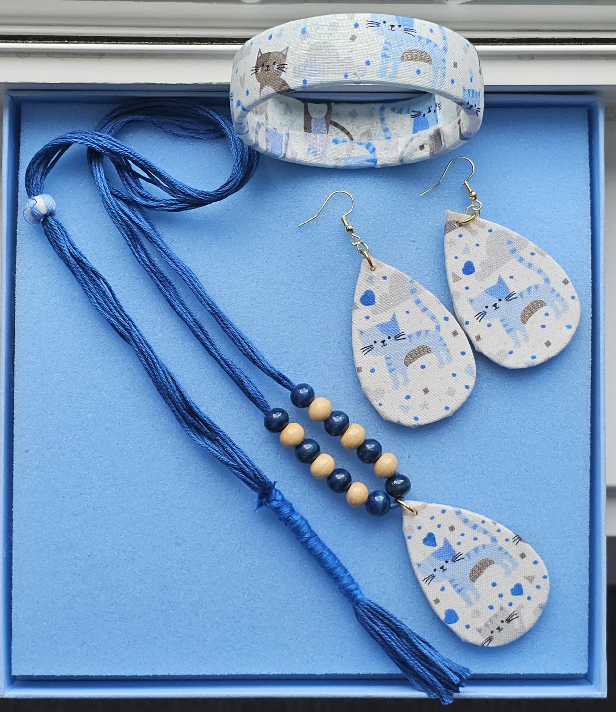 Cat Fabric Jewelry Set - Necklace, Earrings, Bracelet