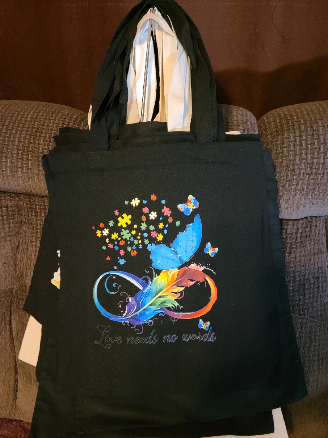 Black Tote Bag with Autism Awareness Butterfly Design
