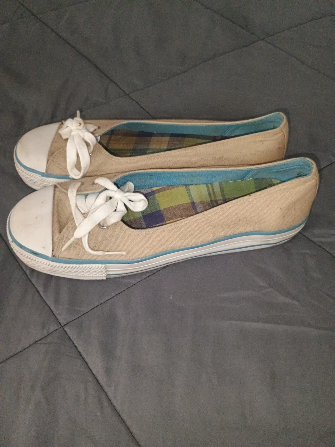 Beige Canvas Flats with White Laces